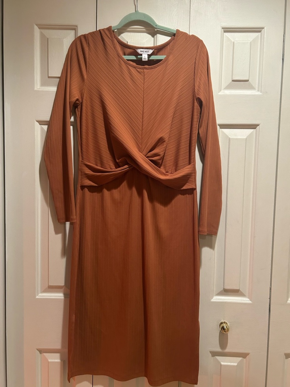 Nine West Rust Long-Sleeve Twist-Front Midi Dress